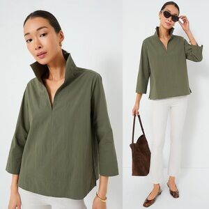 Tuckernuck Margot Stand Collar Blouse Olive Green V Neck Bracelet Sleeve Small